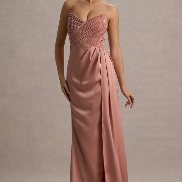 Club L London Edel Pink Satin Strapless Maxi Dress With Drape - US 2